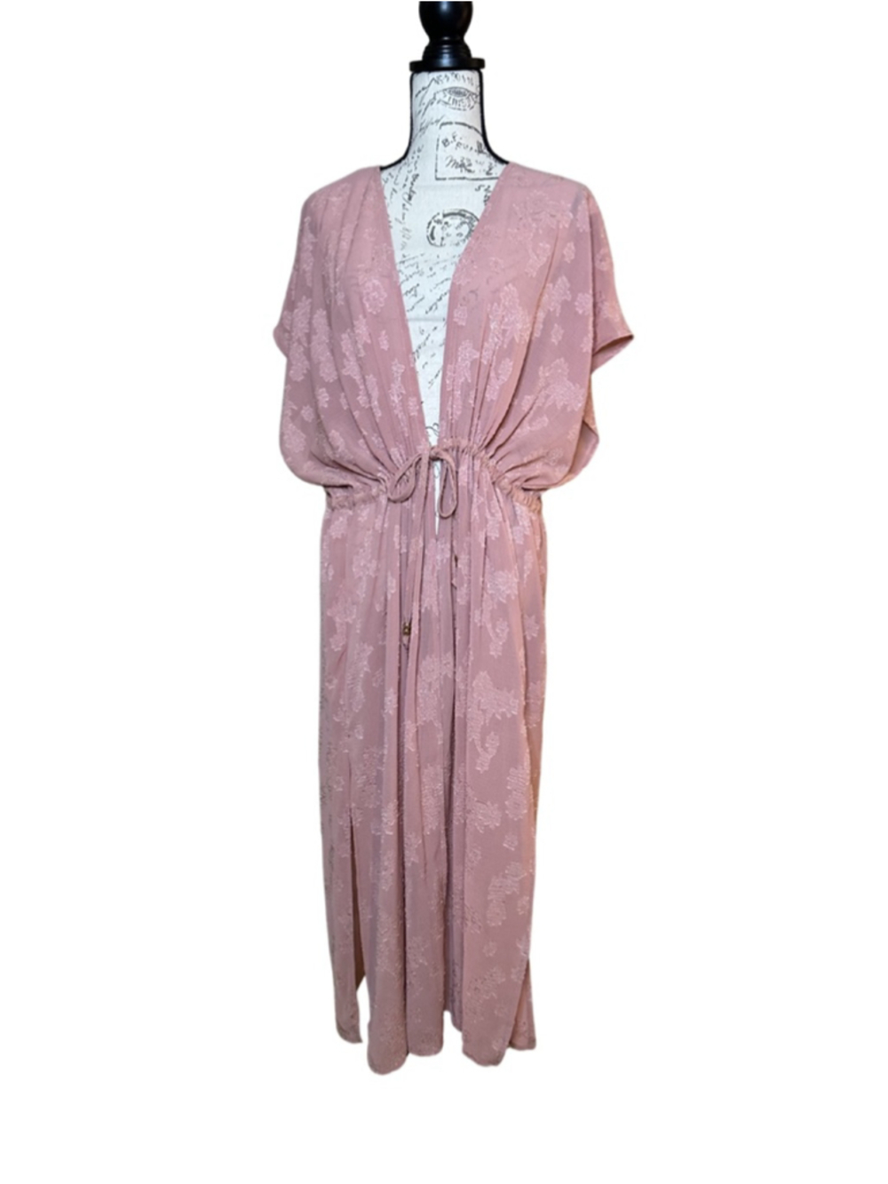 Time and Tru Size Large Rose Long Tie at Waist Sheer Swim Cover Up Kimono